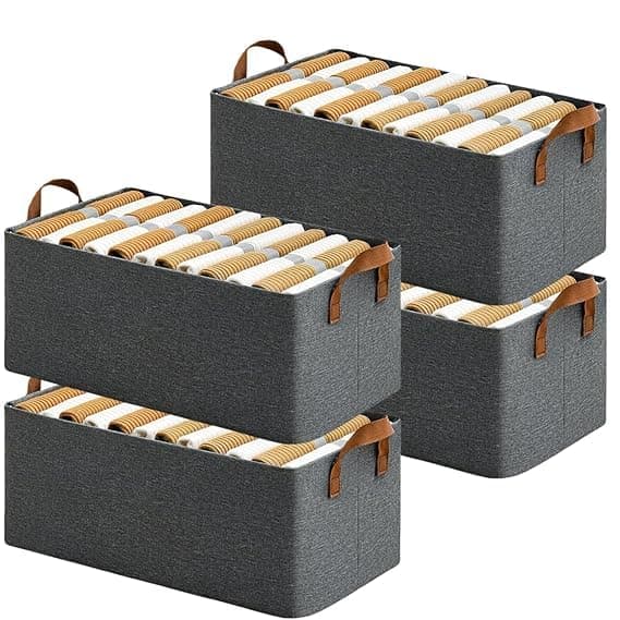 Foldable fabric storage baskets with leather handles 4 pack dark grey