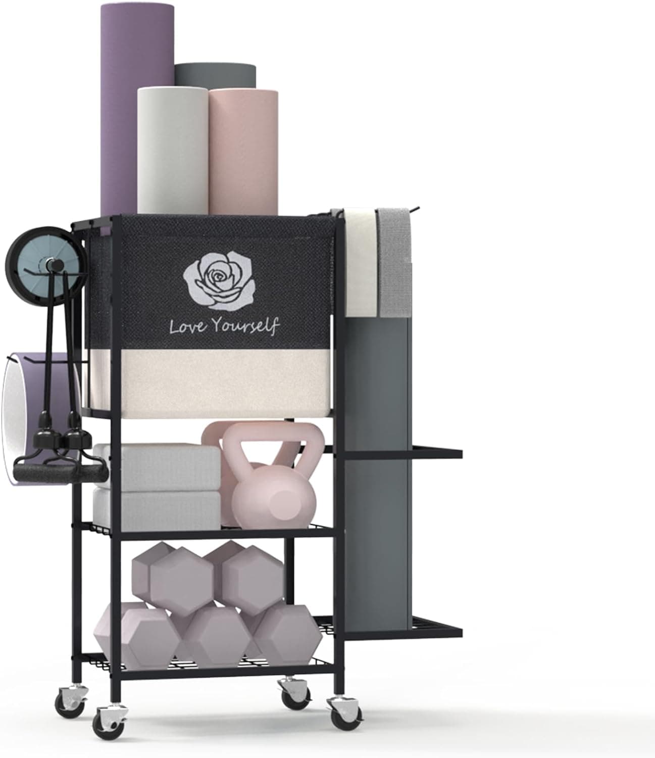 Heavy duty multi-functional home gym storage rack fully loaded front view
