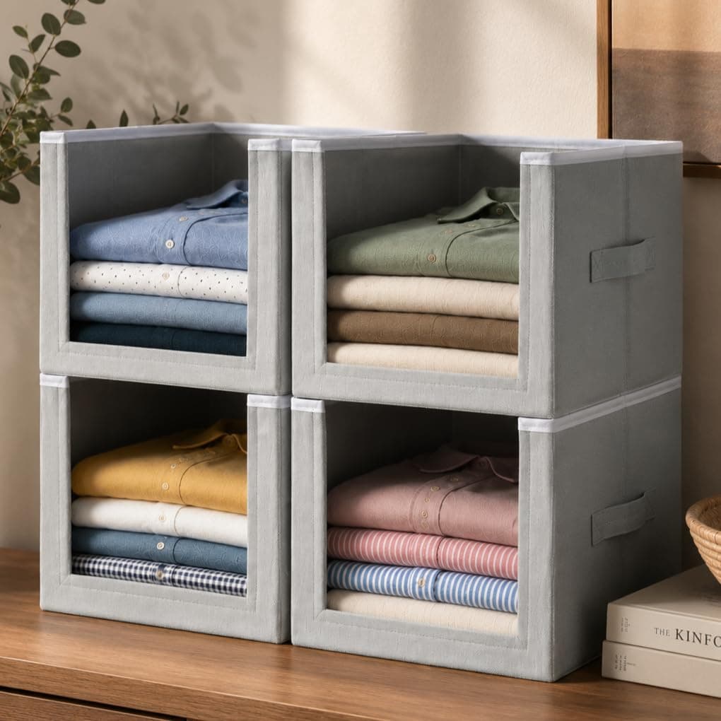 Front-open stackable fabric wardrobe clothes storage bins pack of 4 grey