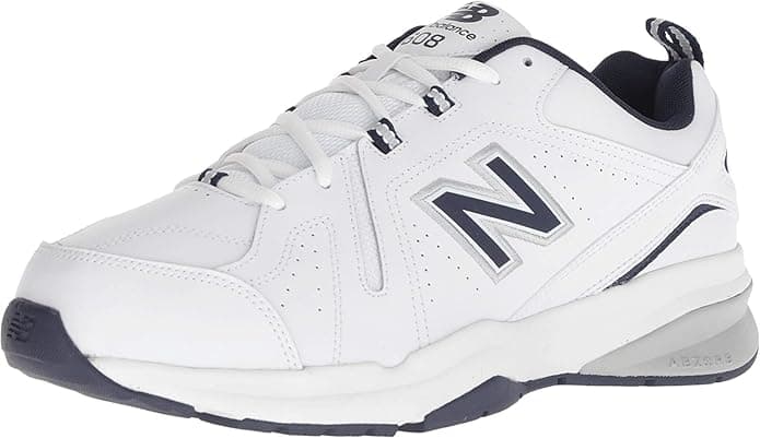 New Balance 608 V5 men white navy leather cross trainer side profile