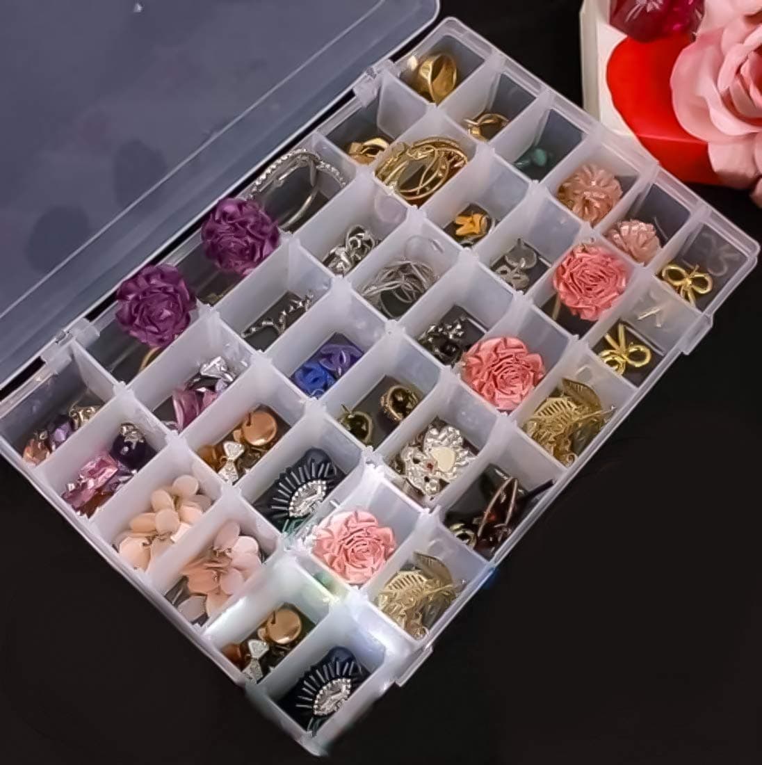 36-grid clear plastic jewelry craft beads organizer box open view with earrings