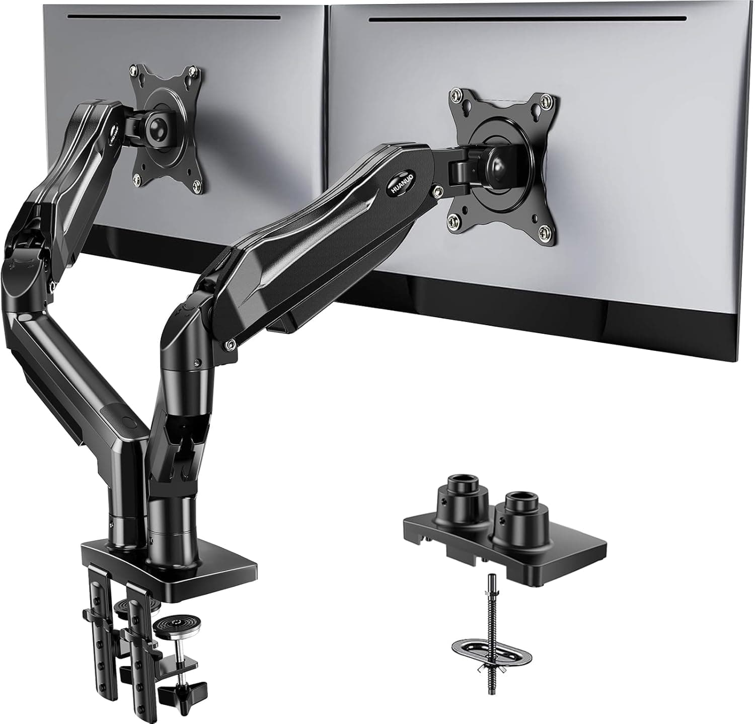 HUANUO Dual Monitor Arm Desk Mount Full Setup View