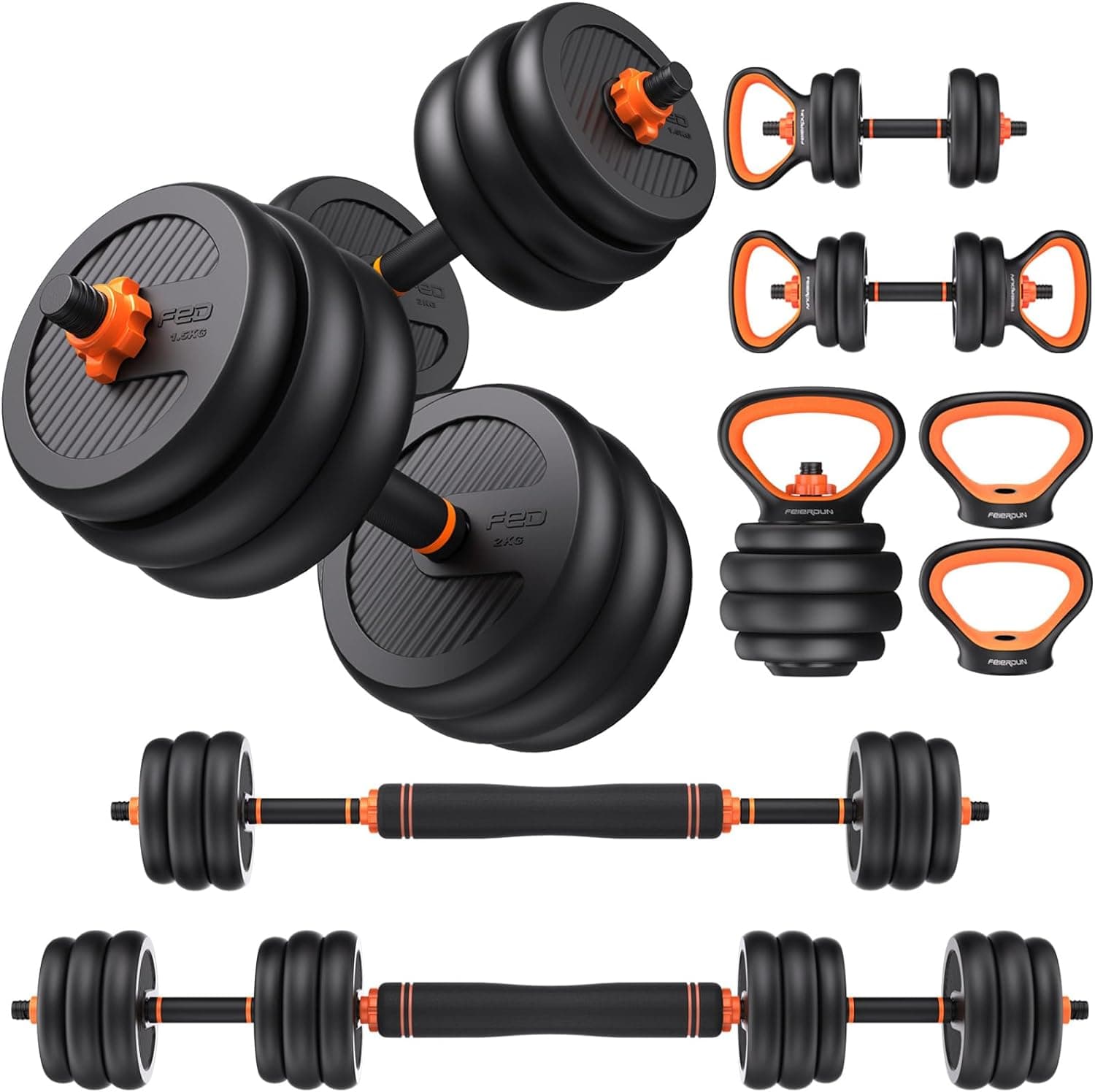 FEIERDUN 4-in-1 adjustable dumbbell and barbell set overview