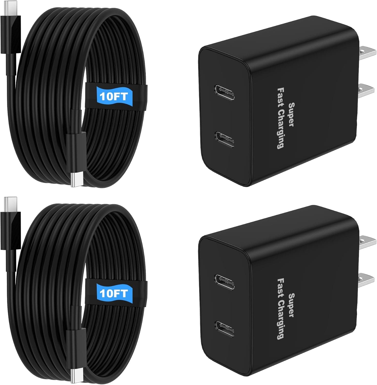 20W Dual Port USB-C and USB-A Wall Charger 2-Pack with Cables