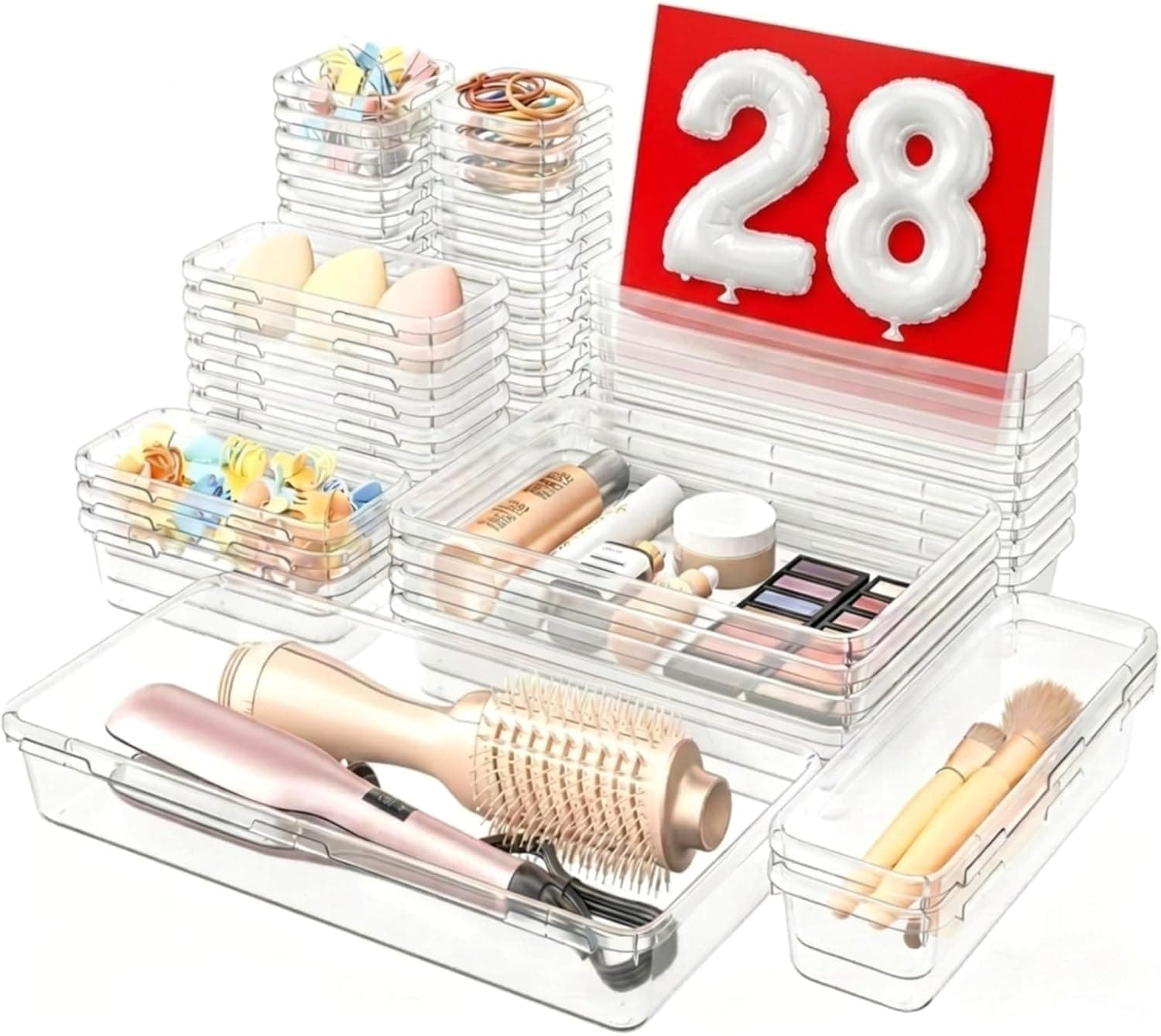 Kootek 28 piece clear plastic drawer organizer trays set with beauty tools