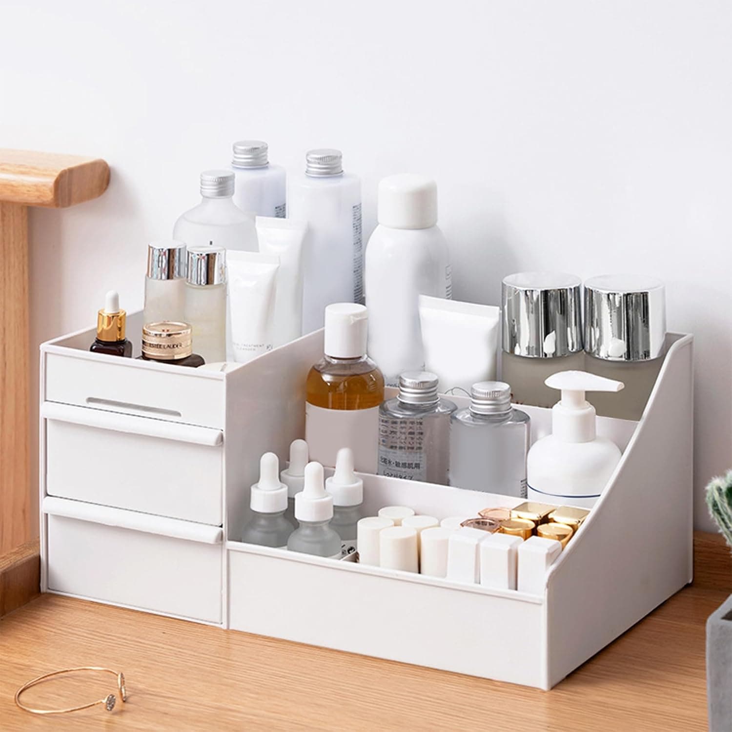 Desktop vanity cosmetic makeup organizer storage box white overview