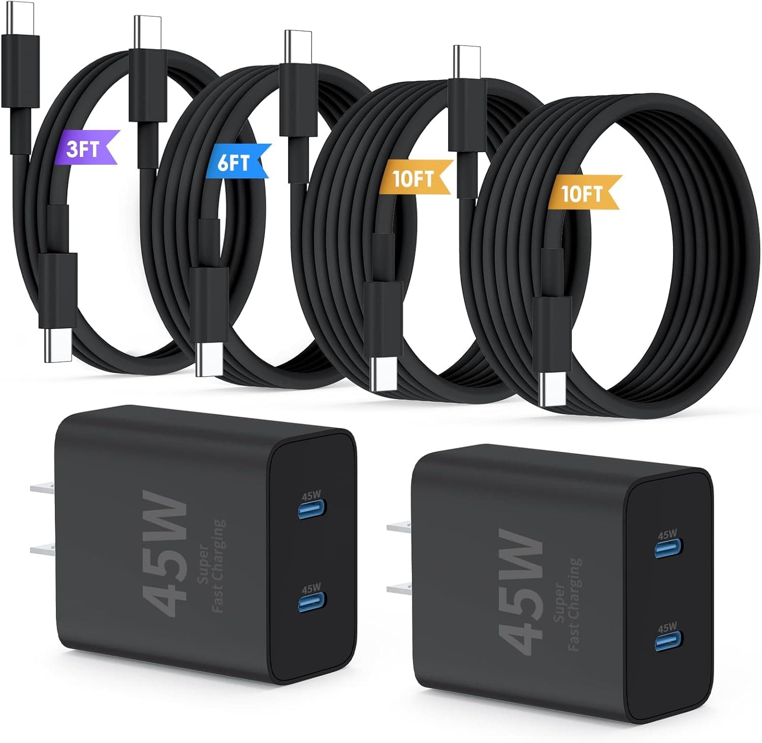 QZIIW 45W Super Fast Type C Wall Charger 2-Pack with Cables