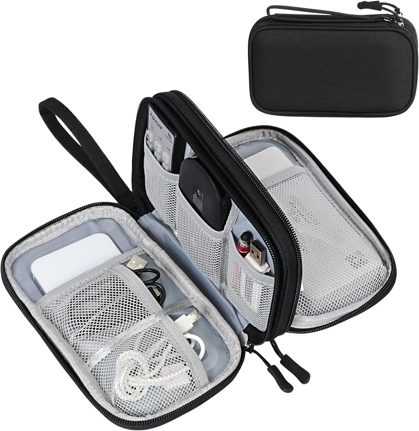 Double layer travel electronic cable organizer bag black open view with accessories