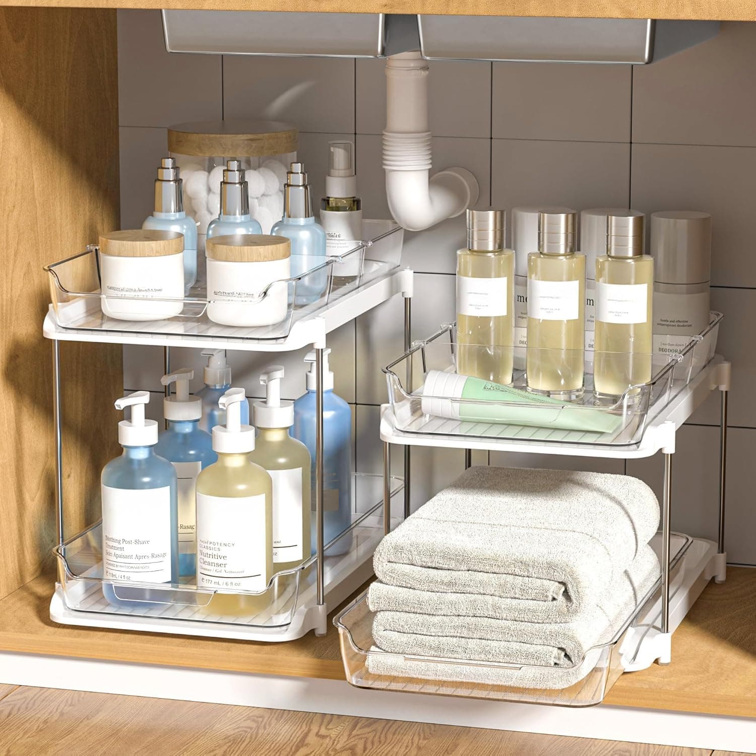 Delamu 2-tier clear acrylic sliding under sink organizers white 2-pack in kitchen cabinet