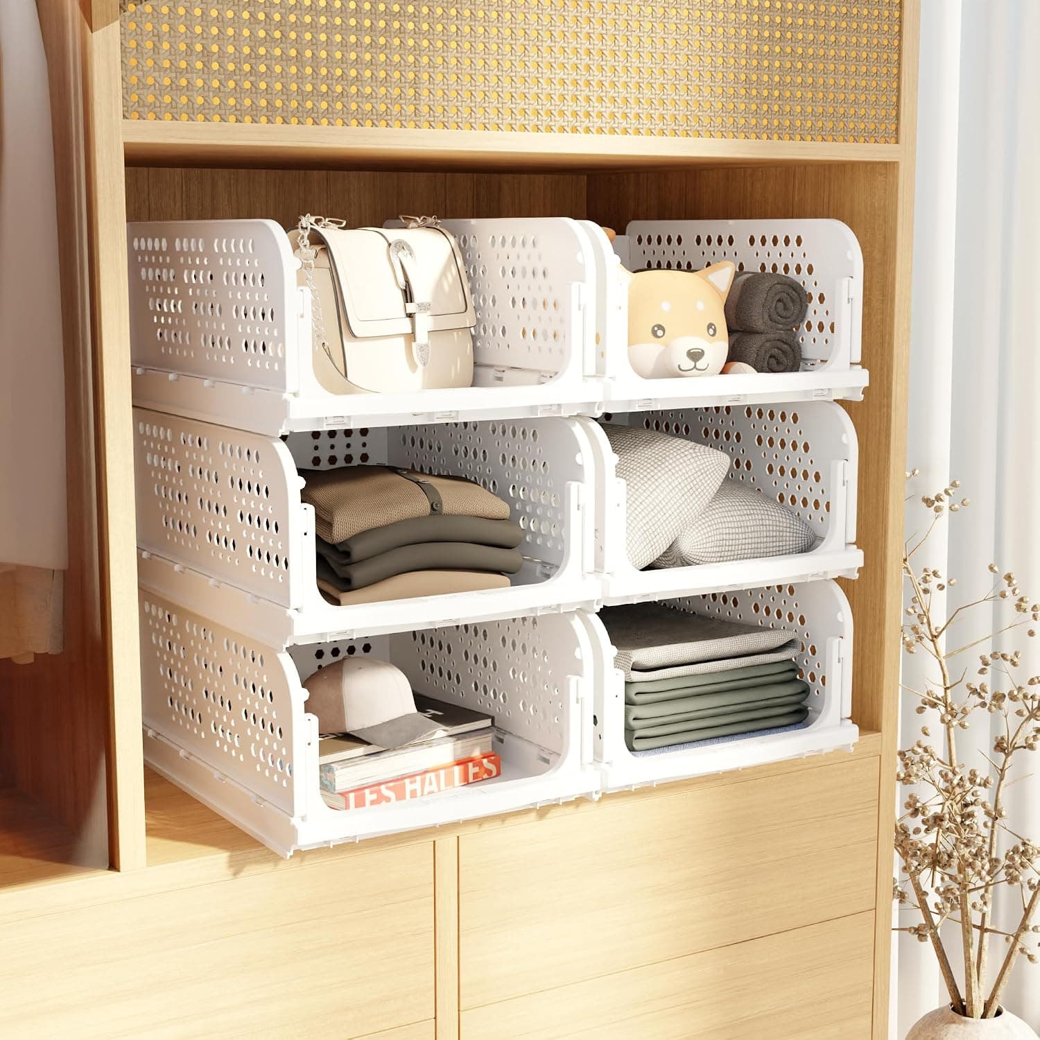 Stackable plastic closet storage baskets 4 pack in wardrobe shelf