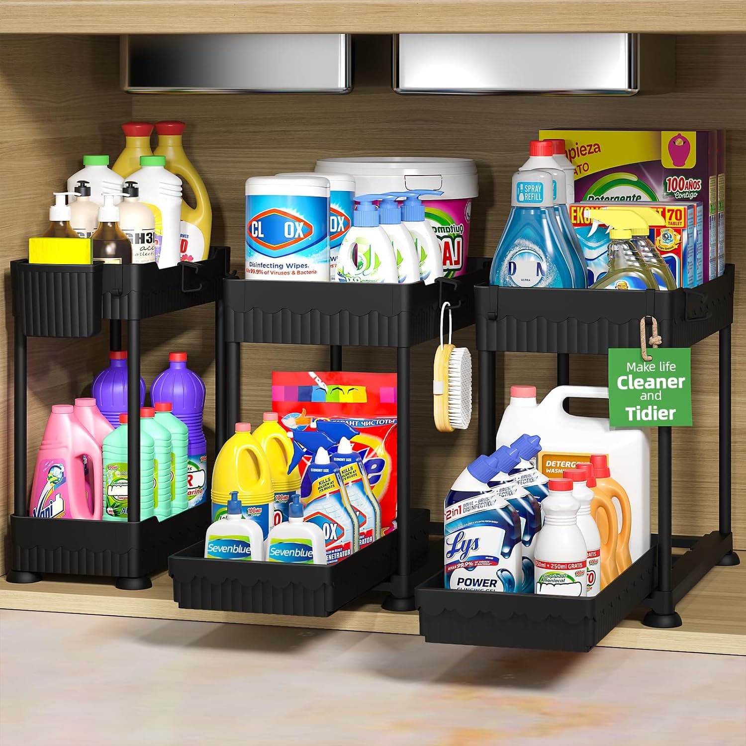 Sevenblue 2-tier under sink organizer with pull out sliding drawer black 2 pack in kitchen cabinet