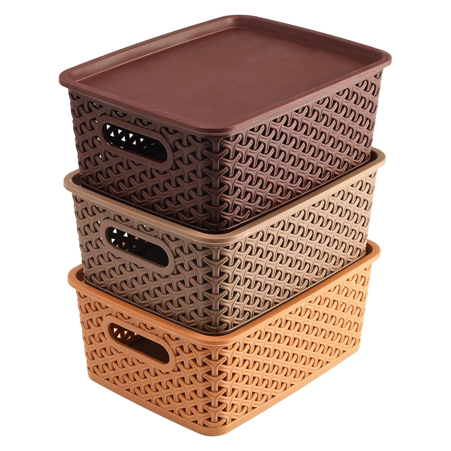 Multipurpose woven knit pattern plastic storage baskets with lids pack of 3 brown overview