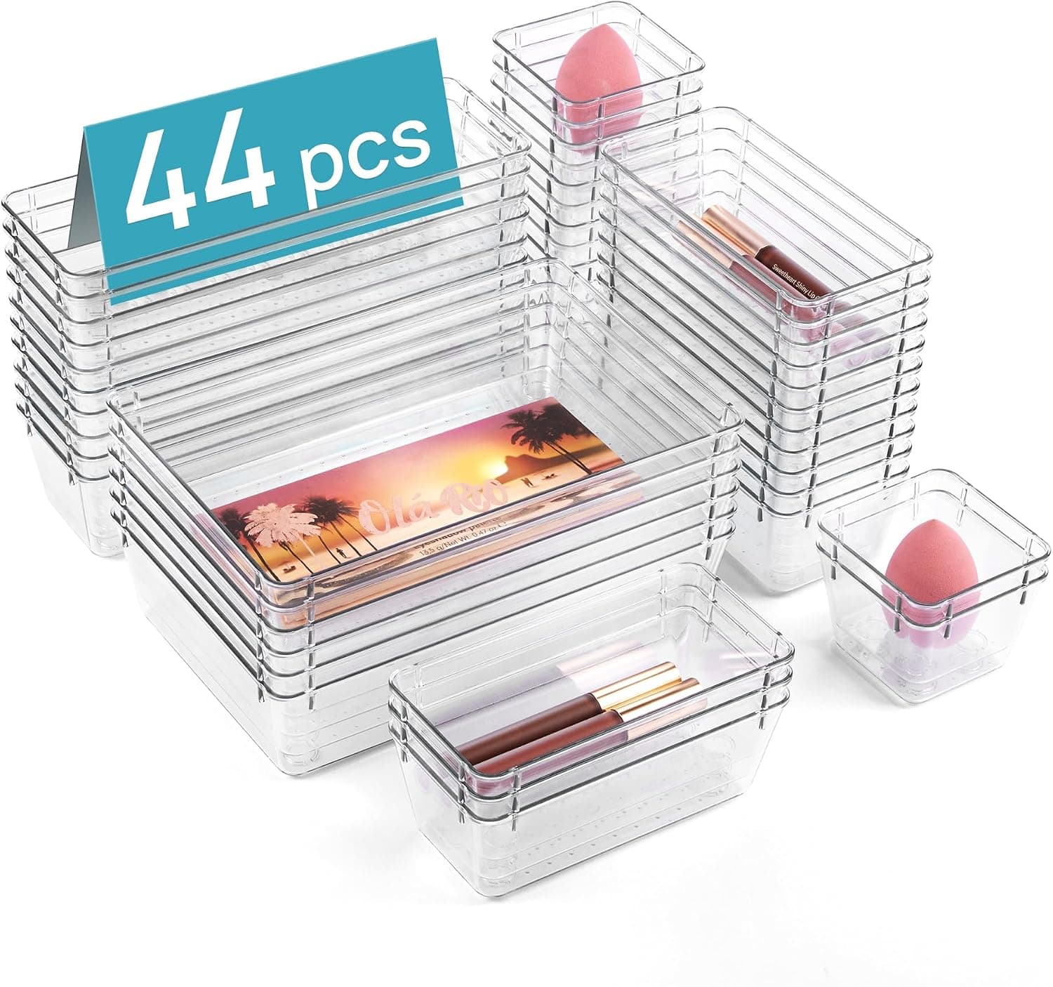 Vtopmart 44 piece clear plastic drawer organizer bins set overview with 5 sizes
