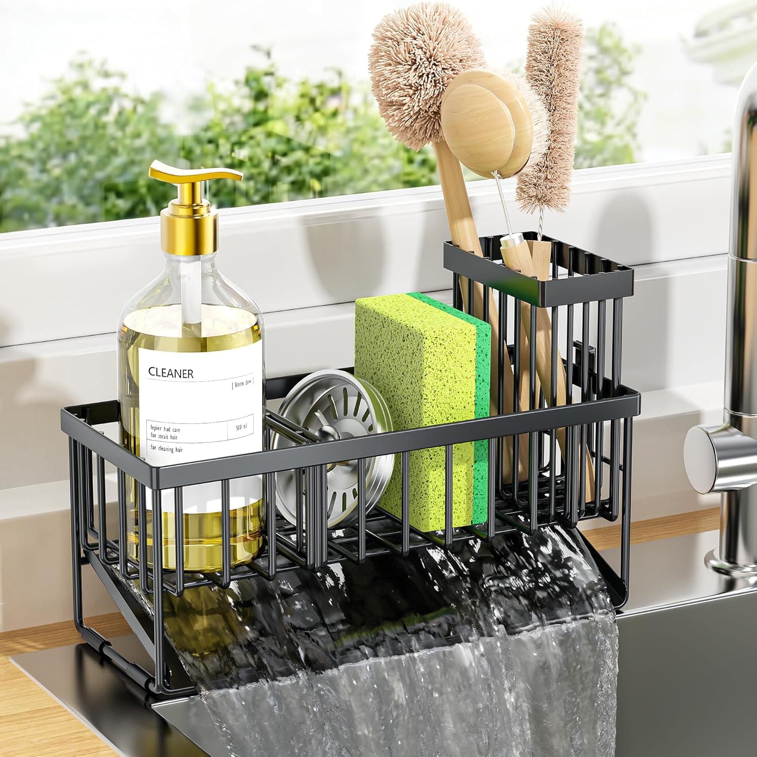 HapiRm kitchen sink caddy organizer with auto draining spout and sponge holder matte black