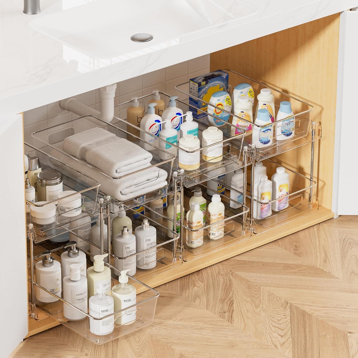 Cisily 2-tier clear acrylic pull out under sink cabinet organizer with chrome steel frame