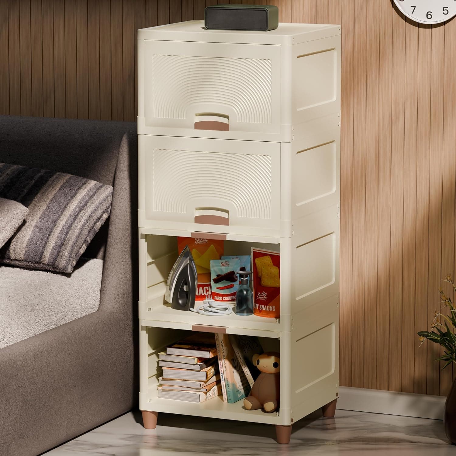 4-tier foldable modular storage cabinet cream white in bedroom setup