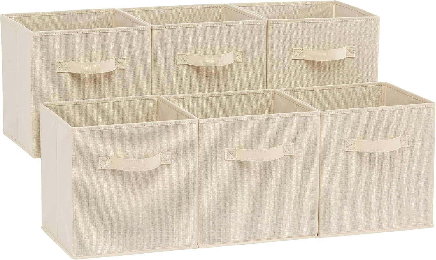Amazon Basics 6-pack foldable fabric storage cube bins in neutral beige overview