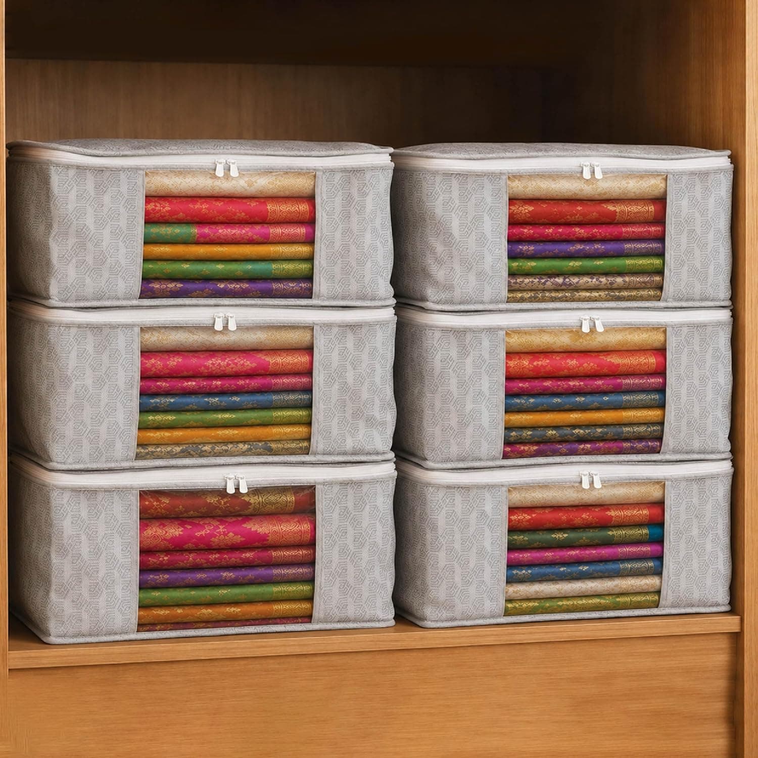 Heavy duty saree cover clothes storage bags pack of 6 grey in wardrobe
