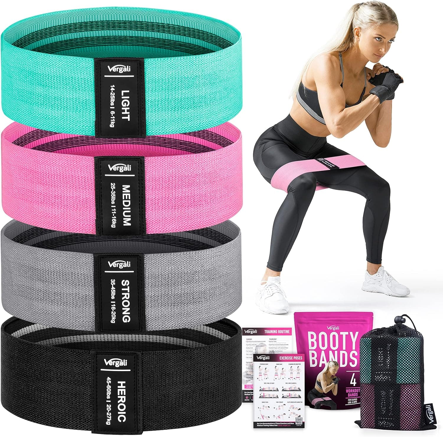 Vergali 4-pack fabric resistance booty bands set with mesh bag