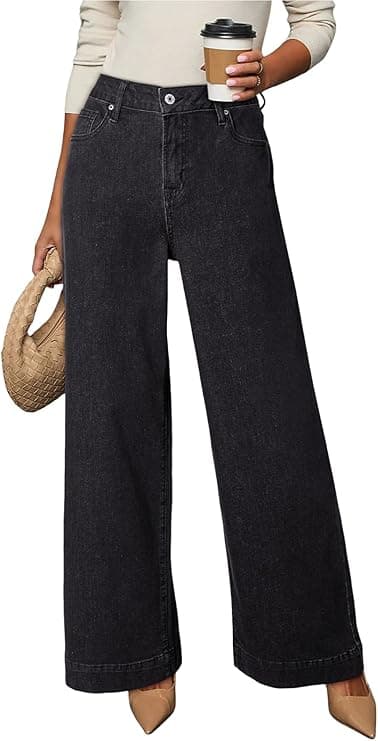 Dokotoo Women's casual high waisted stretch wide leg jeans front view