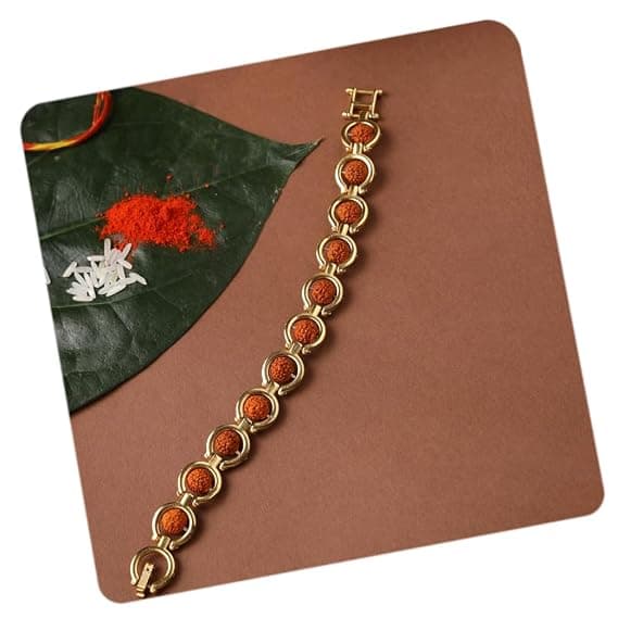 CraftVatika Rudraksha Bracelet Rakhi for Brother front view