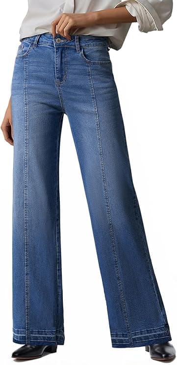 EVALESS Women's high waist frayed raw hem wide leg jeans front view