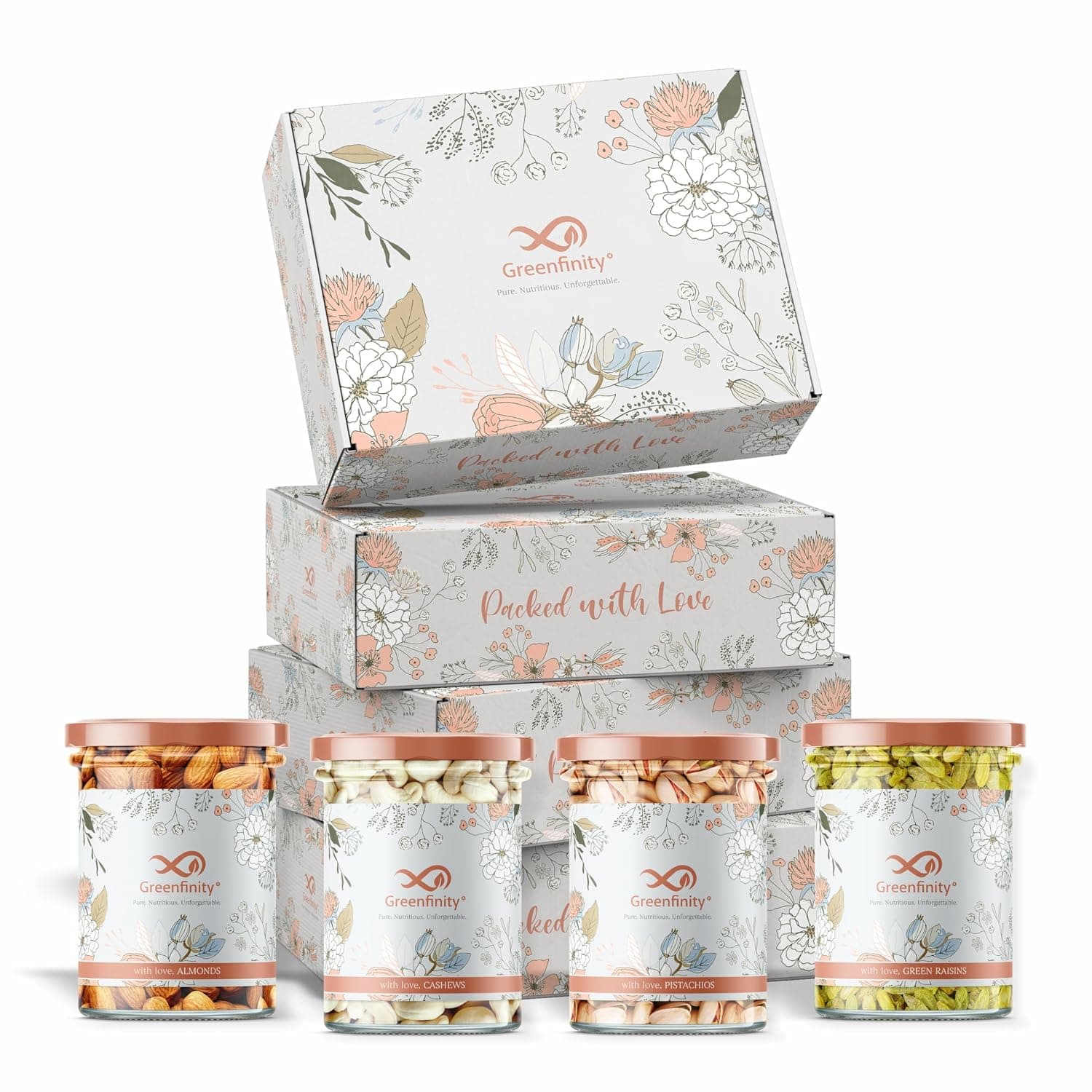 GreenFinity Dry Fruits Gift Pack floral box and 4 jars
